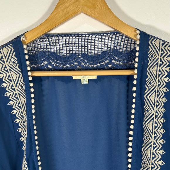 Kori America Blue Kimono Small Medium Crochet Trim Pom Pom Open Front - Picture 3 of 7